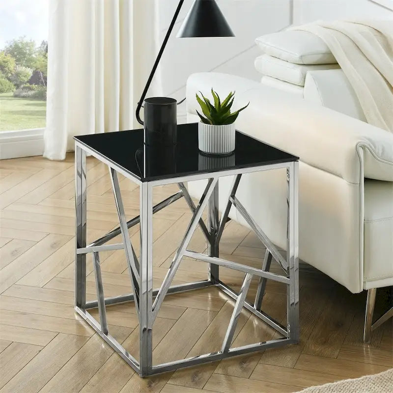Metal Frame Tempered Glass End Table with Storage Space