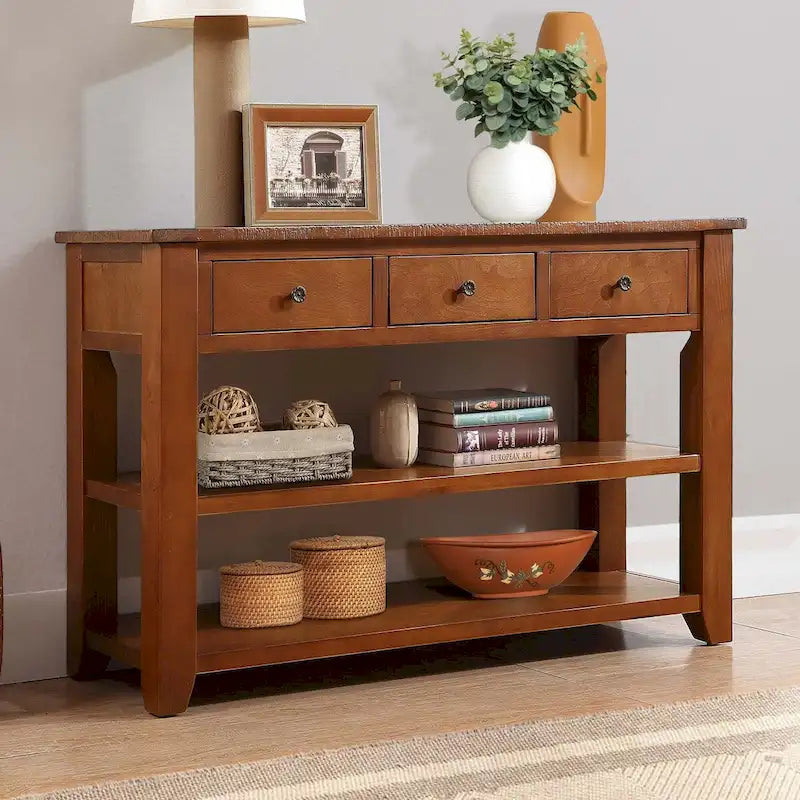 48 Solid Pine Wood Top Console Table with Drawers and Shelve