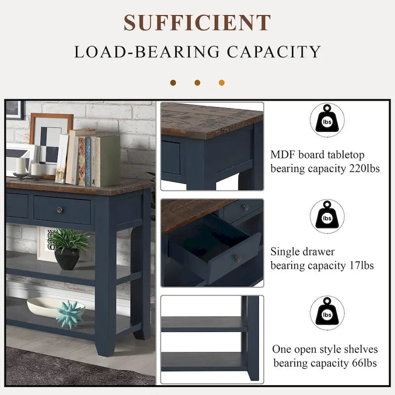 48 Solid Pine Wood Top Console Table with Drawers and Shelve