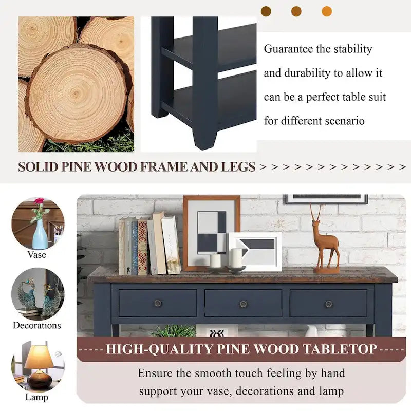 48 Solid Pine Wood Top Console Table with Drawers and Shelve