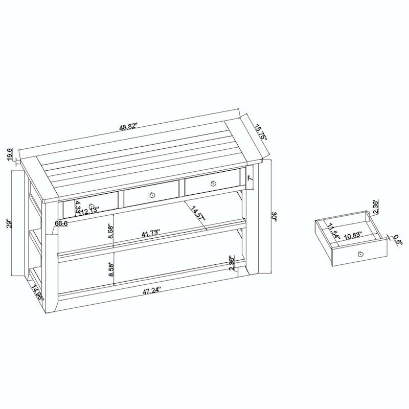 48 Solid Pine Wood Top Console Table with Drawers and Shelve