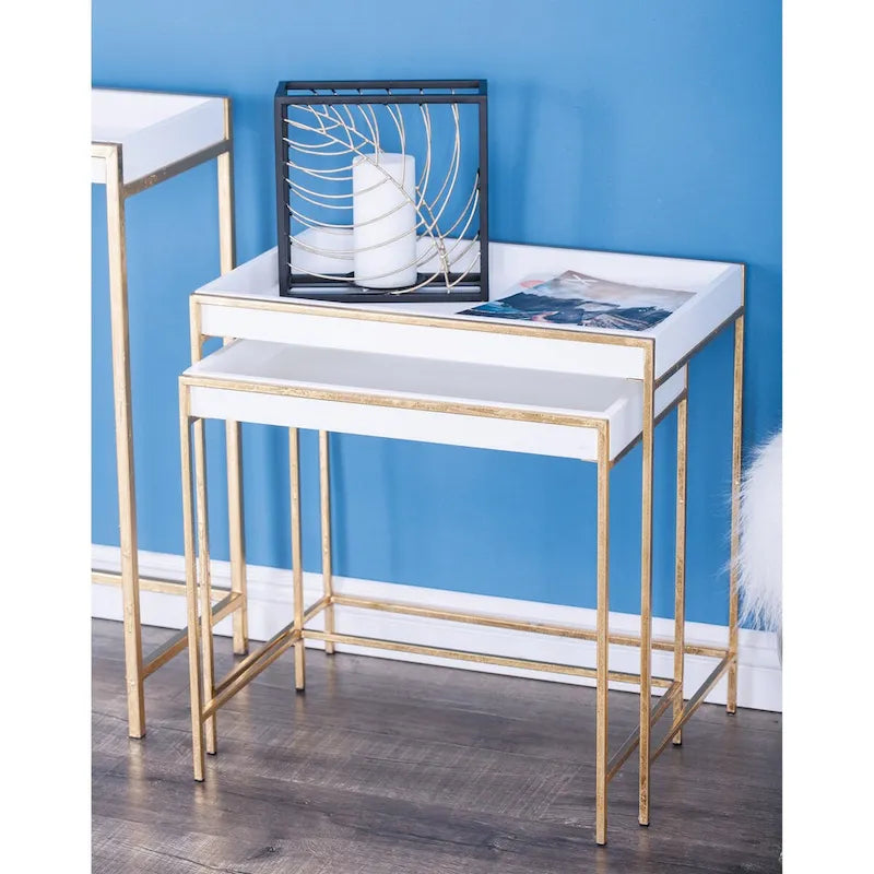 Wood Geometric Nesting Console Table with Gold Metal Legs - Set of 2 White - Roche River Decor