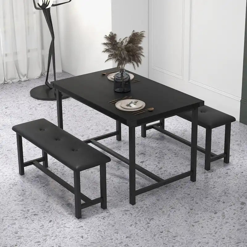 Rectangular Dining Table Set for 4 People with 2 Upholstered Benches