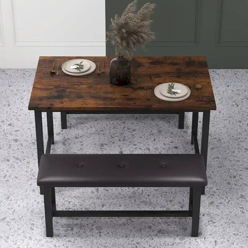 Rectangular Dining Table Set for 4 People with 2 Upholstered Benches