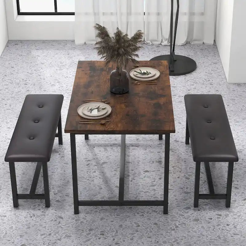 Rectangular Dining Table Set for 4 People with 2 Upholstered Benches