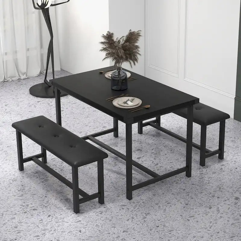 Rectangular Dining Table Set for 4 People with 2 Upholstered Benches