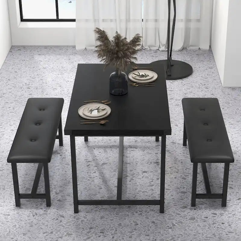 Rectangular Dining Table Set for 4 People with 2 Upholstered Benches