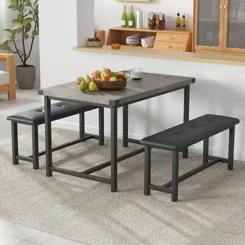 Rectangular Dining Table Set for 4 People with 2 Upholstered Benches