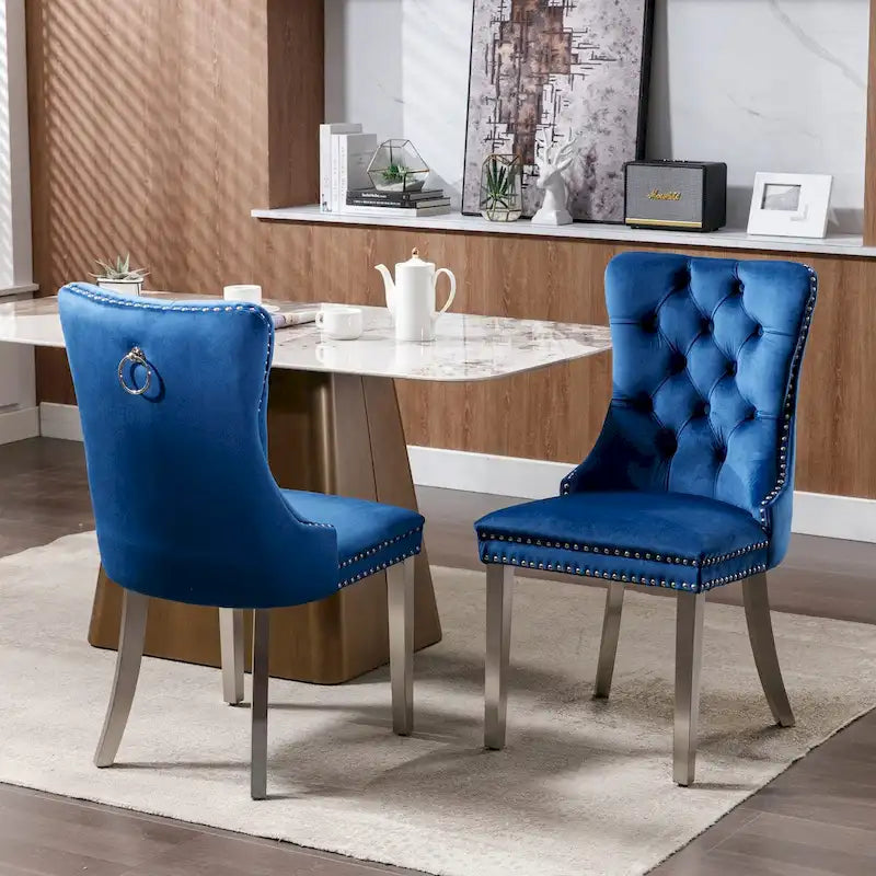 Set of 2 Velvet Dining Chairs with Nailhead Trim and Chrome-Plated Stainless Steel Legs