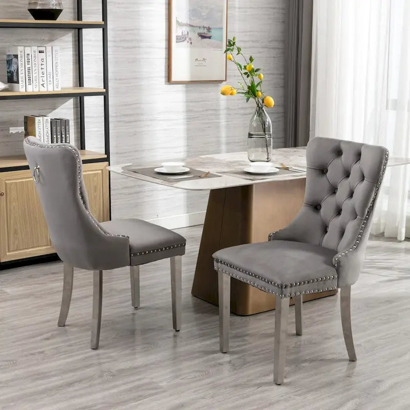 Set of 2 Velvet Dining Chairs with Nailhead Trim and Chrome-Plated Stainless Steel Legs