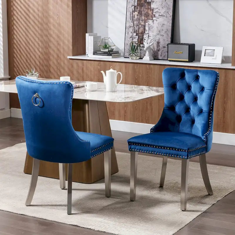Set of 2 Velvet Dining Chairs with Nailhead Trim and Chrome-Plated Stainless Steel Legs
