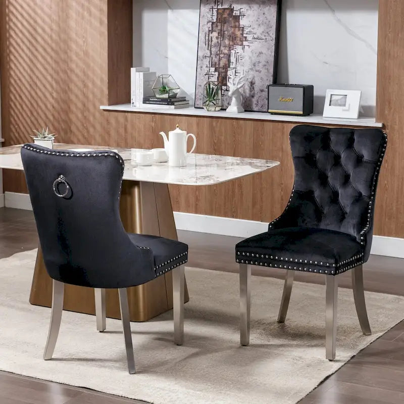 Set of 2 Velvet Dining Chairs with Nailhead Trim and Chrome-Plated Stainless Steel Legs
