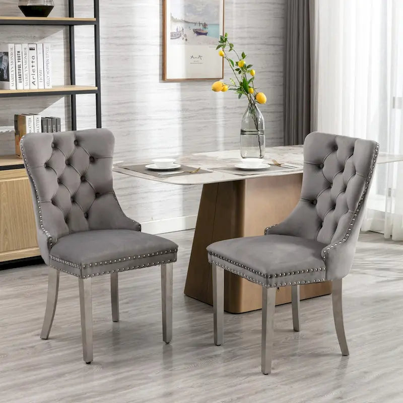 Set of 2 Velvet Dining Chairs with Nailhead Trim and Chrome-Plated Stainless Steel Legs