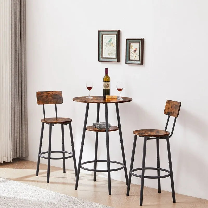 3-Piece Industrial Bar Table Set with 2 Stools, Small Round Counter Height Bistro Pub Dining Table Set for Kitchen, Small Space
