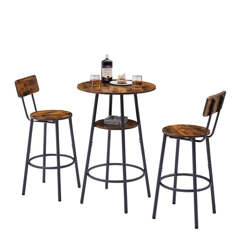 3-Piece Industrial Bar Table Set with 2 Stools, Small Round Counter Height Bistro Pub Dining Table Set for Kitchen, Small Space