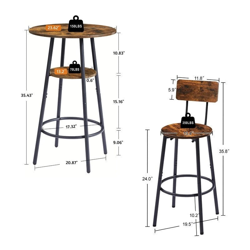 3-Piece Industrial Bar Table Set with 2 Stools, Small Round Counter Height Bistro Pub Dining Table Set for Kitchen, Small Space