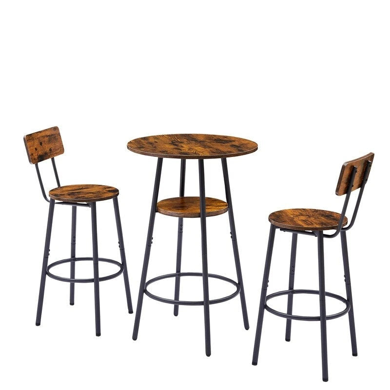 3-Piece Industrial Bar Table Set with 2 Stools, Small Round Counter Height Bistro Pub Dining Table Set for Kitchen, Small Space