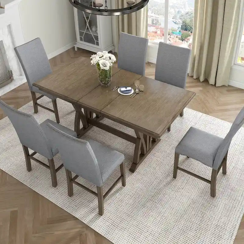 7-Piece Extendable Dining Table Set with Chairs and 12 Leaf