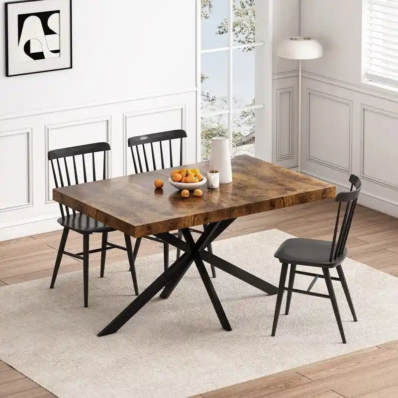 Grondin Retro Farmhouse Style 4-6 People Extendable Dining Table with X-Cross Metal Base and Storage Box