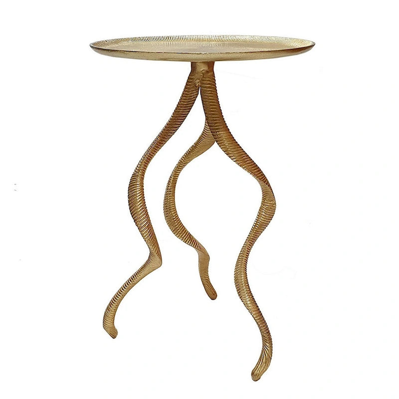 24 Inch Accent Side Table, Antler Base Design, Ribbed Top, Aluminium, Gold