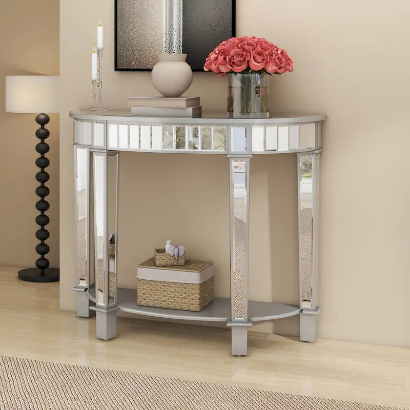 Mirror Circular Curved Console Table with Shelf
