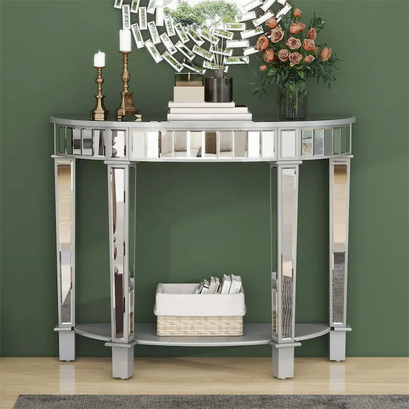 Mirror Circular Curved Console Table with Shelf