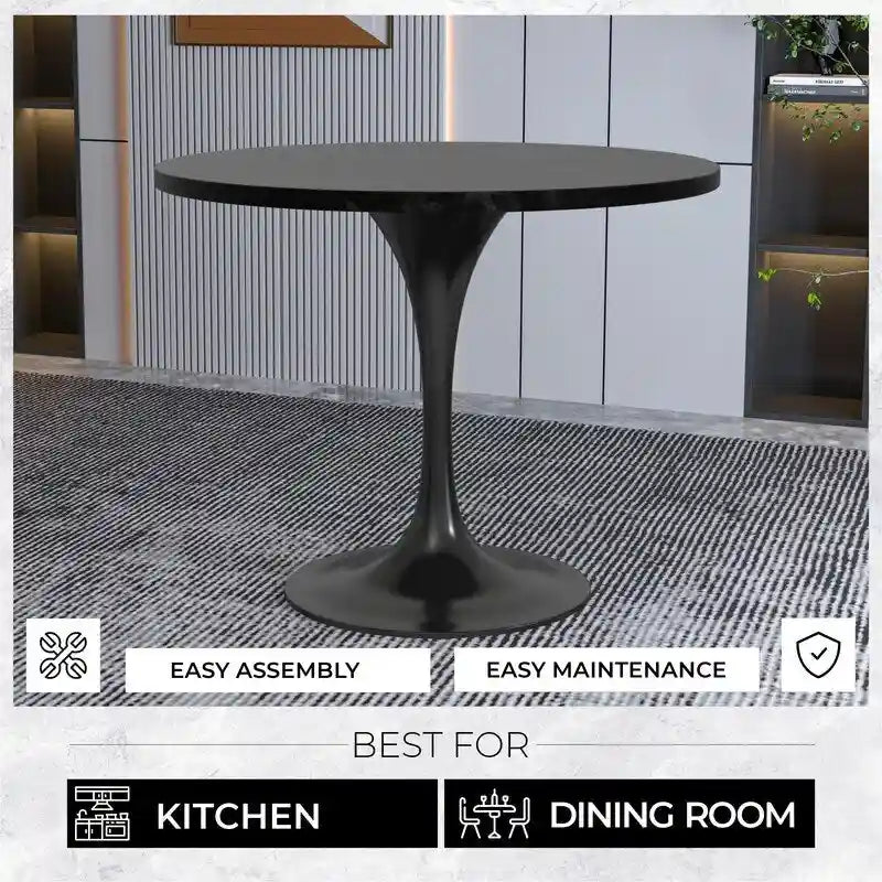 LeisureMod Verve 36 Round Dining Table with MDF Wood TableTop and Black Steel Base for Kitchen & Dining Room