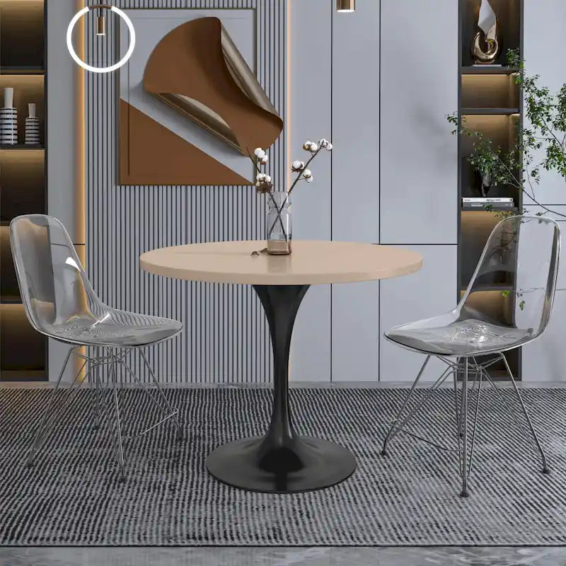 LeisureMod Verve 36 Round Dining Table with MDF Wood TableTop and Black Steel Base for Kitchen & Dining Room