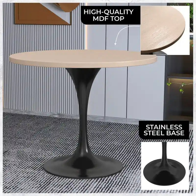 LeisureMod Verve 36 Round Dining Table with MDF Wood TableTop and Black Steel Base for Kitchen & Dining Room