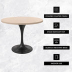 LeisureMod Verve 36 Round Dining Table with MDF Wood TableTop and Black Steel Base for Kitchen & Dining Room