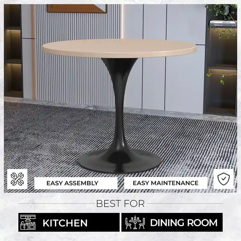 LeisureMod Verve 36 Round Dining Table with MDF Wood TableTop and Black Steel Base for Kitchen & Dining Room