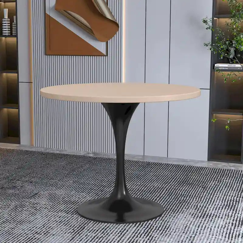 LeisureMod Verve 36 Round Dining Table with MDF Wood TableTop and Black Steel Base for Kitchen & Dining Room