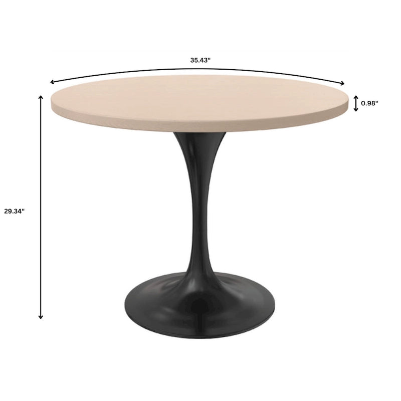 LeisureMod Verve 36 Round Dining Table with MDF Wood TableTop and Black Steel Base for Kitchen & Dining Room