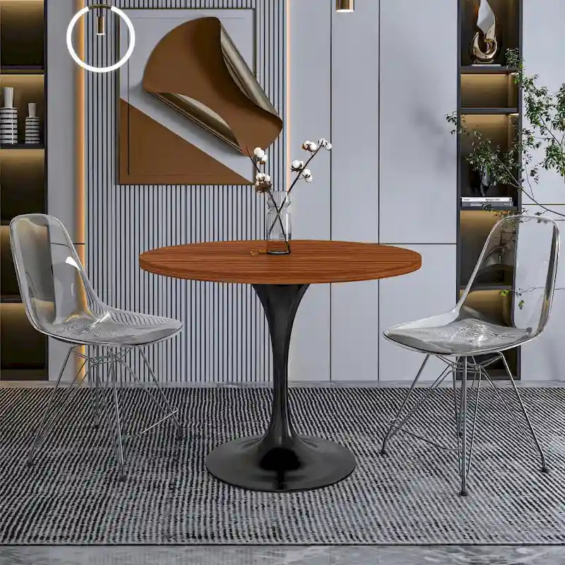 LeisureMod Verve 36 Round Dining Table with MDF Wood TableTop and Black Steel Base for Kitchen & Dining Room