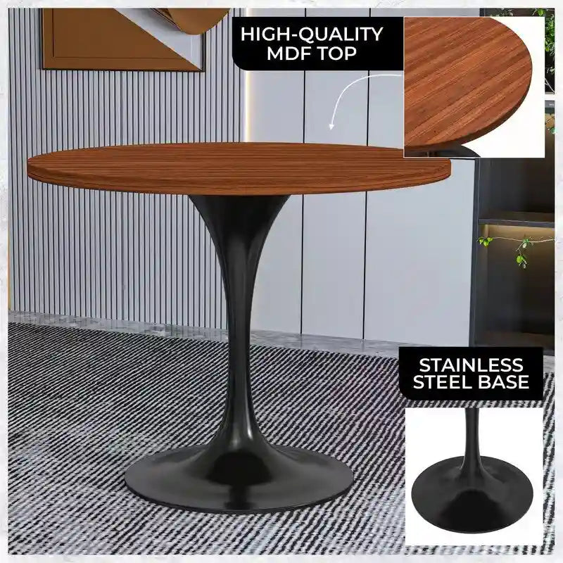 LeisureMod Verve 36 Round Dining Table with MDF Wood TableTop and Black Steel Base for Kitchen & Dining Room