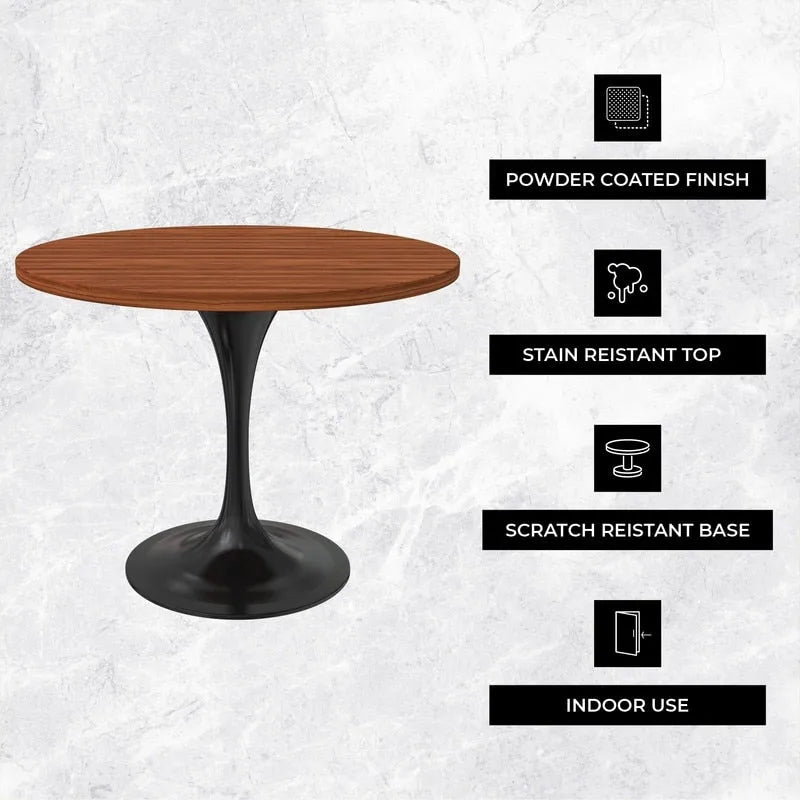 LeisureMod Verve 36 Round Dining Table with MDF Wood TableTop and Black Steel Base for Kitchen & Dining Room