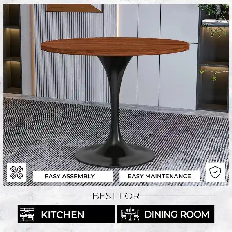 LeisureMod Verve 36 Round Dining Table with MDF Wood TableTop and Black Steel Base for Kitchen & Dining Room