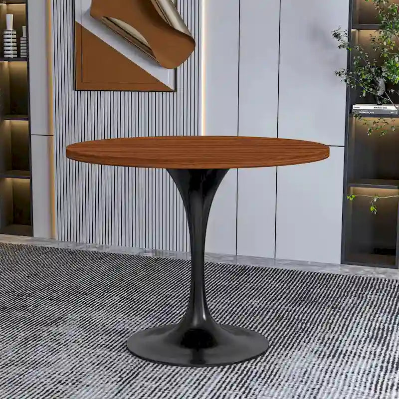 LeisureMod Verve 36 Round Dining Table with MDF Wood TableTop and Black Steel Base for Kitchen & Dining Room