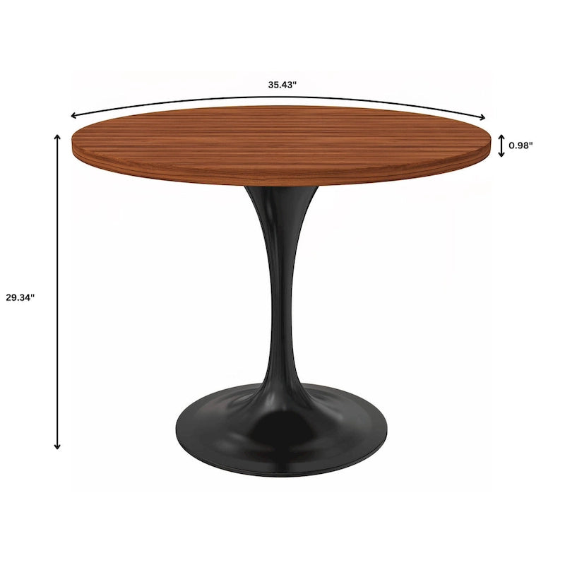 LeisureMod Verve 36 Round Dining Table with MDF Wood TableTop and Black Steel Base for Kitchen & Dining Room