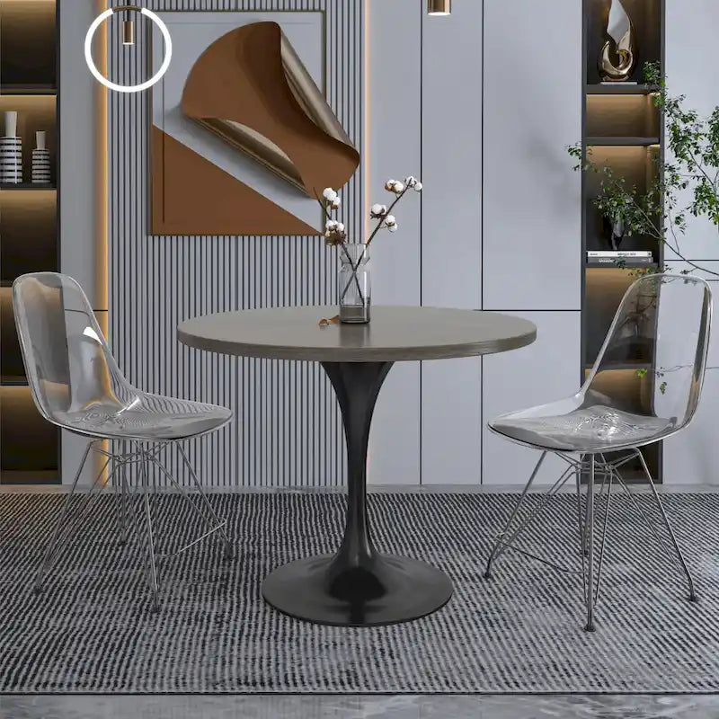 LeisureMod Verve 36 Round Dining Table with MDF Wood TableTop and Black Steel Base for Kitchen & Dining Room