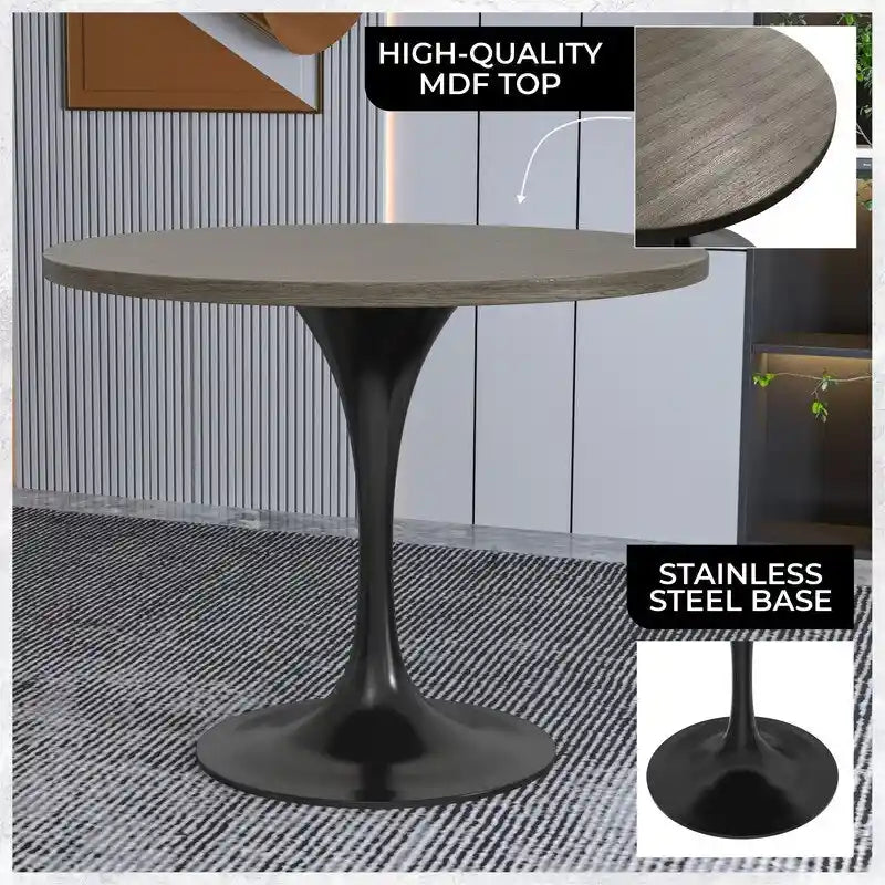 LeisureMod Verve 36 Round Dining Table with MDF Wood TableTop and Black Steel Base for Kitchen & Dining Room