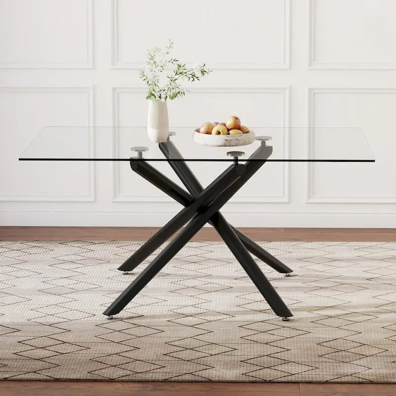 Large Modern Minimalist Rectangular Glass Dining Table for 6-8 with 0.39 Tempered Glass Tabletop and Black color Metal Legs