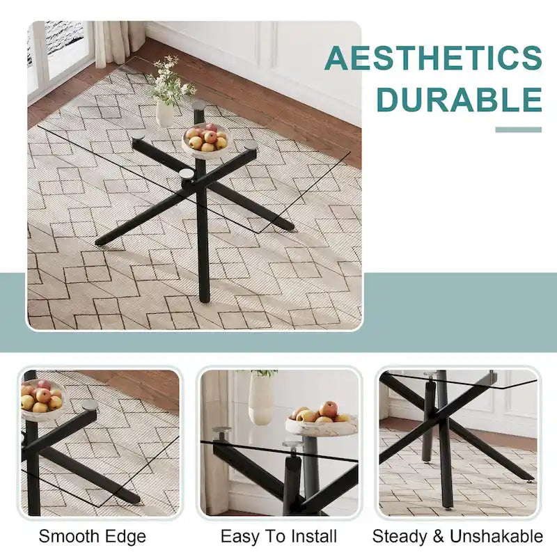 Large Modern Minimalist Rectangular Glass Dining Table for 6-8 with 0.39 Tempered Glass Tabletop and Black color Metal Legs
