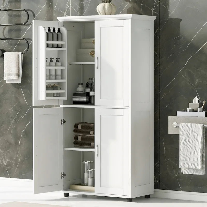 Tall and Wide Bathroom Freestanding Floor Storage Cabinet with 4 Doors, Adjustable Shelves