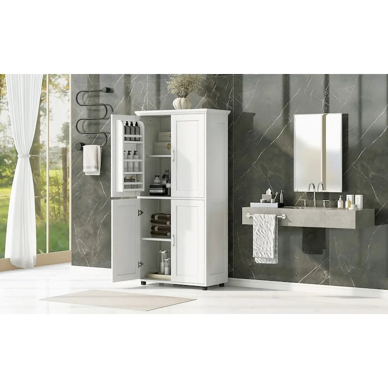 Tall and Wide Bathroom Freestanding Floor Storage Cabinet with 4 Doors, Adjustable Shelves