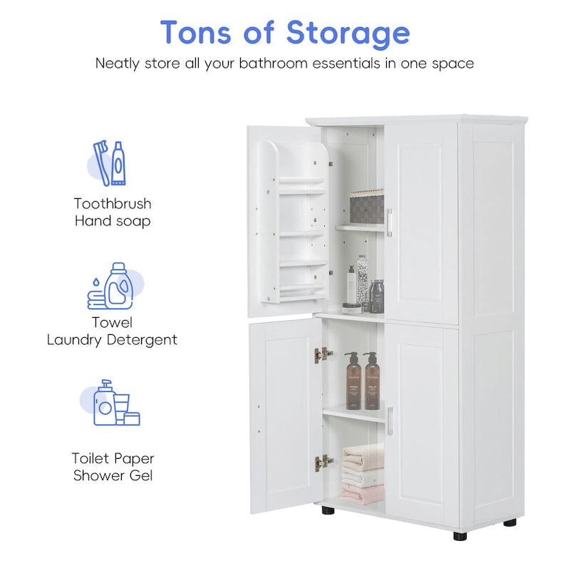 Tall and Wide Bathroom Freestanding Floor Storage Cabinet with 4 Doors, Adjustable Shelves