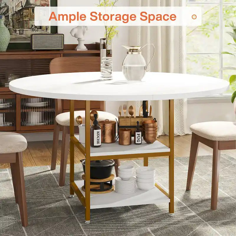 47 Inches Round Dining Table for 4 People Kitchen Tables Dinner Table with 2-Tier Storage Shelves