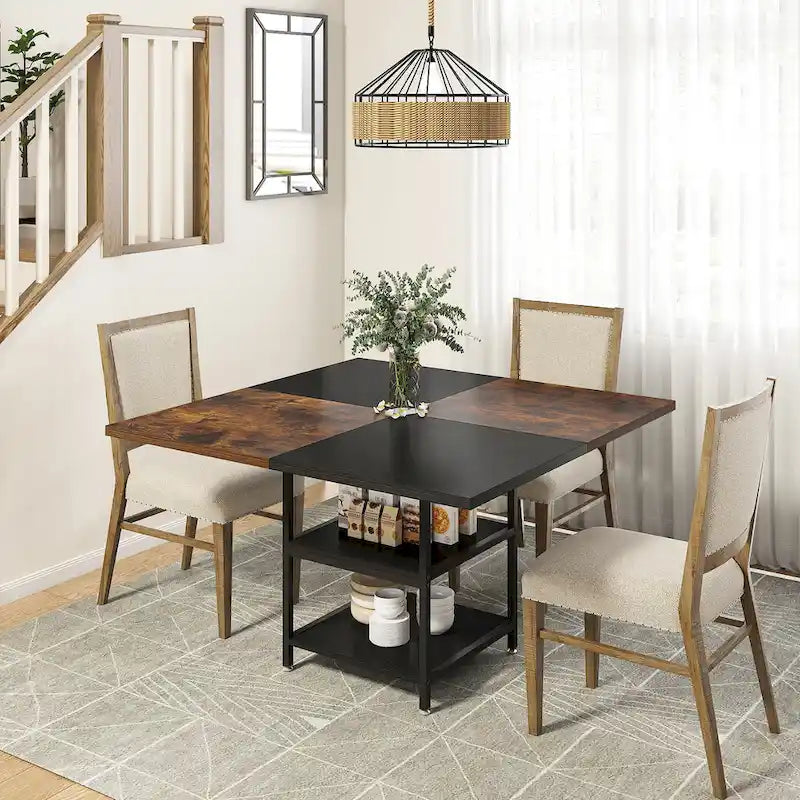 47 Inches Round Dining Table for 4 People Kitchen Tables Dinner Table with 2-Tier Storage Shelves