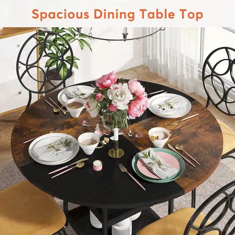 47 Inches Round Dining Table for 4 People Kitchen Tables Dinner Table with 2-Tier Storage Shelves