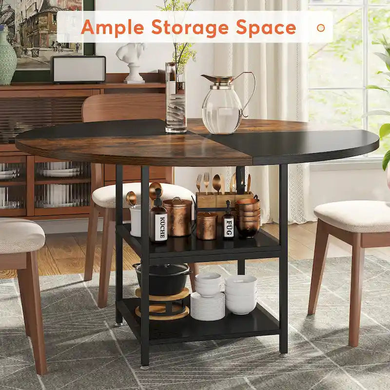 47 Inches Round Dining Table for 4 People Kitchen Tables Dinner Table with 2-Tier Storage Shelves